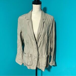 J. Jill MP Tan Olive Silk Linen Blend Single Button Blazer Jacket Lightweight